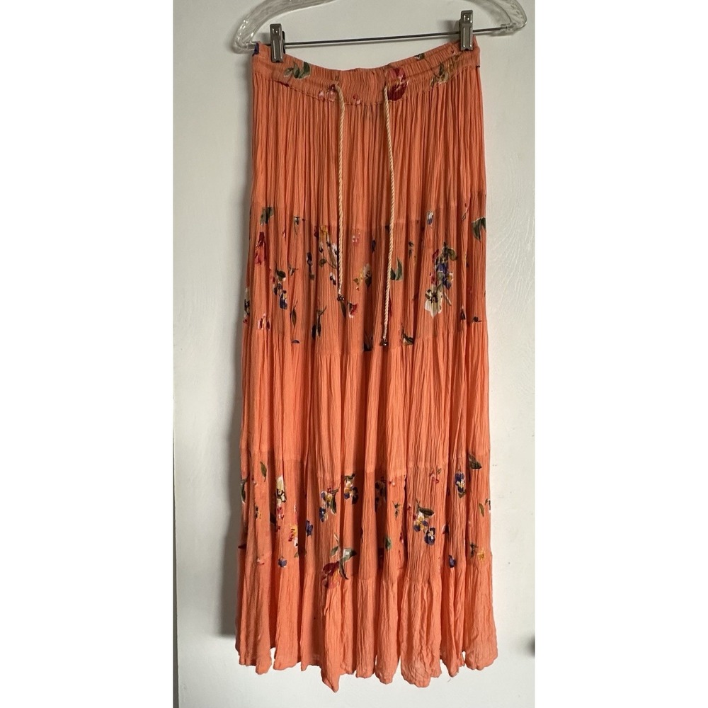 Mamta LA Orange Floral Crinkle Maxi Skirt Drawstring Waist Bells 90s Size Small